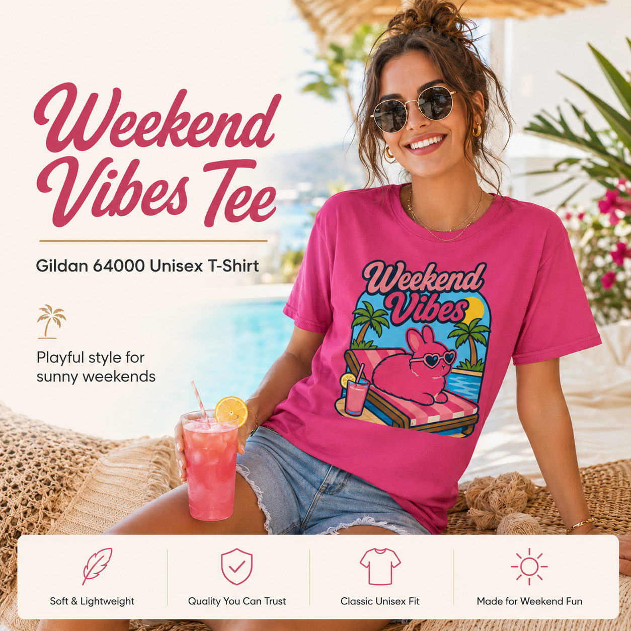 Weekend Vibes Bunny Shirt, Rabbit Summer Tee, Poolside Bunny T-Shirt, Beach Vacation Shirt, Rabbit Lover Gift