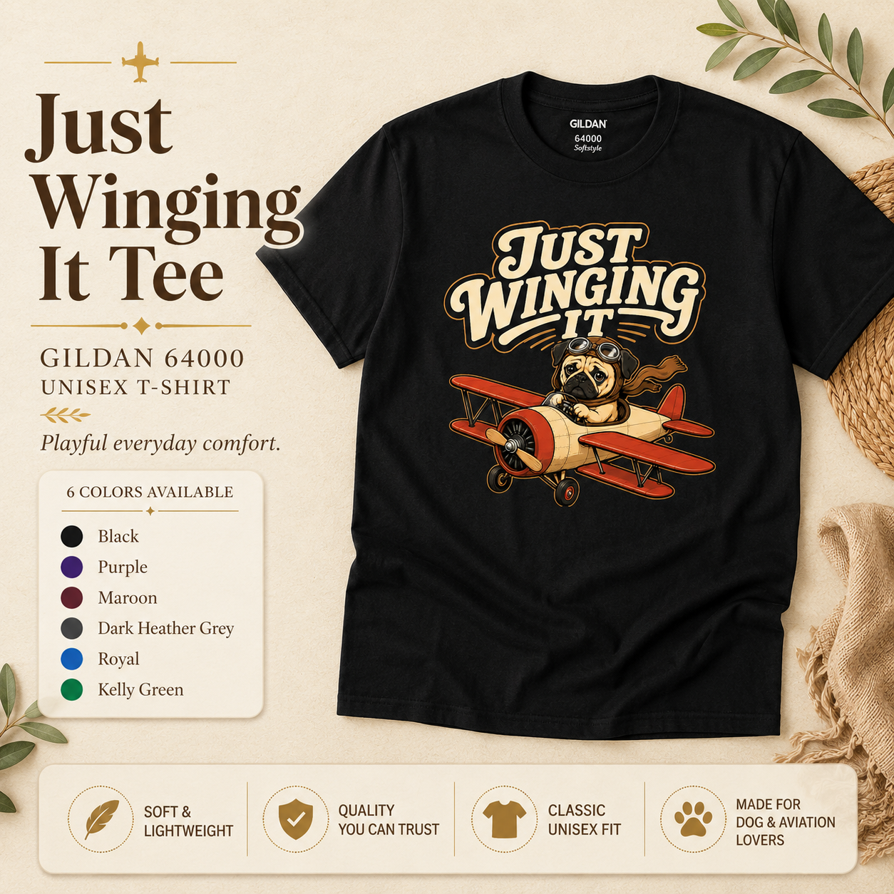 Just Winging It Pug Shirt, Funny Pug T-Shirt, Dog Pilot Tee, Aviation Dog Shirt, Pug Lover Gift, Travel Lover Shirt