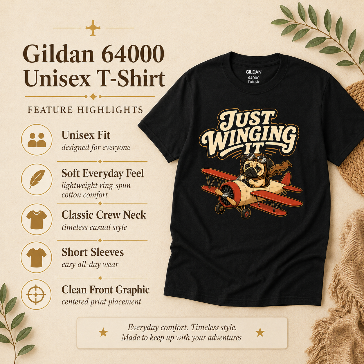 Just Winging It Pug Shirt, Funny Pug T-Shirt, Dog Pilot Tee, Aviation Dog Shirt, Pug Lover Gift, Travel Lover Shirt
