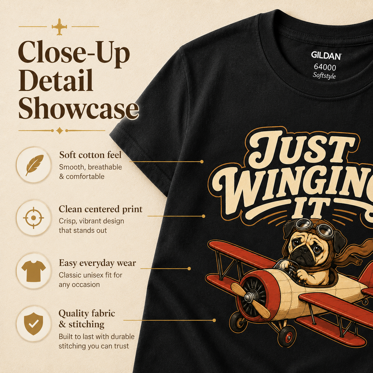 Just Winging It Pug Shirt, Funny Pug T-Shirt, Dog Pilot Tee, Aviation Dog Shirt, Pug Lover Gift, Travel Lover Shirt
