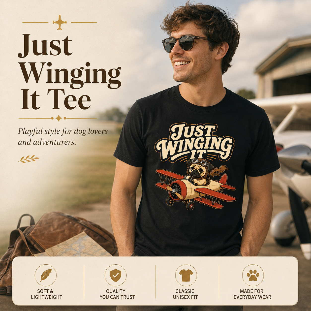Just Winging It Pug Shirt, Funny Pug T-Shirt, Dog Pilot Tee, Aviation Dog Shirt, Pug Lover Gift, Travel Lover Shirt