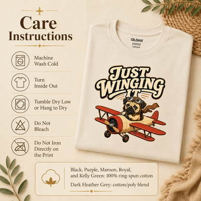 Just Winging It Pug Shirt, Funny Pug T-Shirt, Dog Pilot Tee, Aviation Dog Shirt, Pug Lover Gift, Travel Lover Shirt