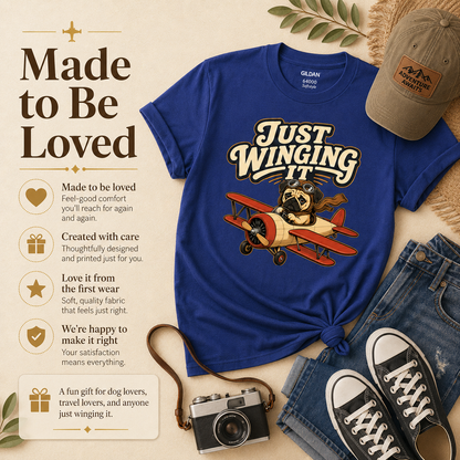 Just Winging It Pug Shirt, Funny Pug T-Shirt, Dog Pilot Tee, Aviation Dog Shirt, Pug Lover Gift, Travel Lover Shirt