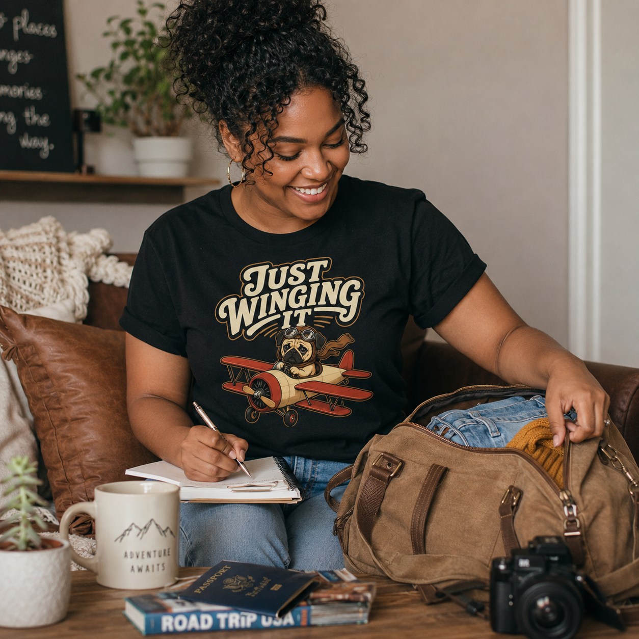 Just Winging It Pug Shirt, Funny Pug T-Shirt, Dog Pilot Tee, Aviation Dog Shirt, Pug Lover Gift, Travel Lover Shirt