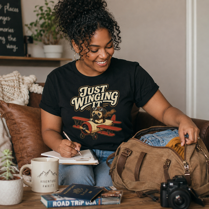 Just Winging It Pug Shirt, Funny Pug T-Shirt, Dog Pilot Tee, Aviation Dog Shirt, Pug Lover Gift, Travel Lover Shirt