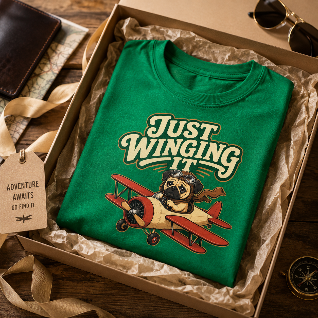 Just Winging It Pug Shirt, Funny Pug T-Shirt, Dog Pilot Tee, Aviation Dog Shirt, Pug Lover Gift, Travel Lover Shirt