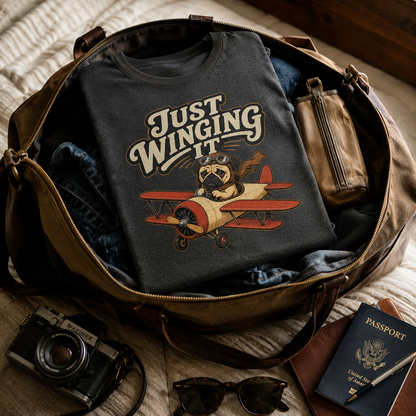 Just Winging It Pug Shirt, Funny Pug T-Shirt, Dog Pilot Tee, Aviation Dog Shirt, Pug Lover Gift, Travel Lover Shirt