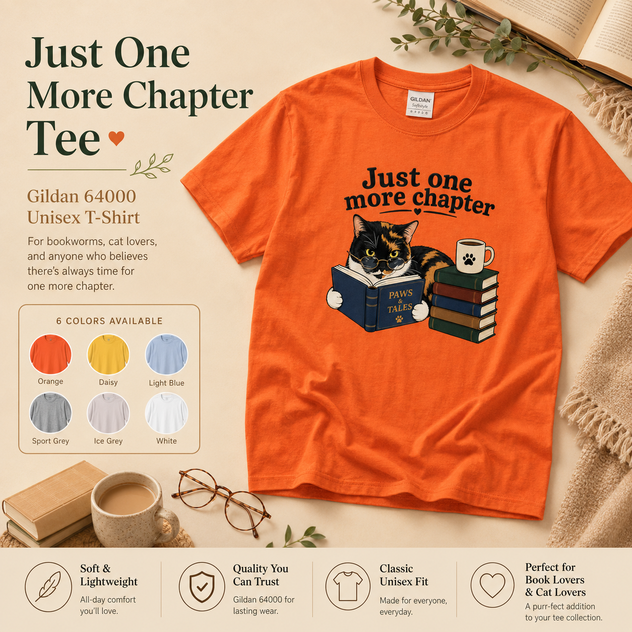 Just One More Chapter Shirt, Book Lover Cat Tee, Funny Reader Shirt, Bookworm Gift, Cat Lover Shirt, Reading T-Shirt