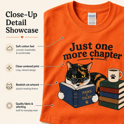 Just One More Chapter Shirt, Book Lover Cat Tee, Funny Reader Shirt, Bookworm Gift, Cat Lover Shirt, Reading T-Shirt