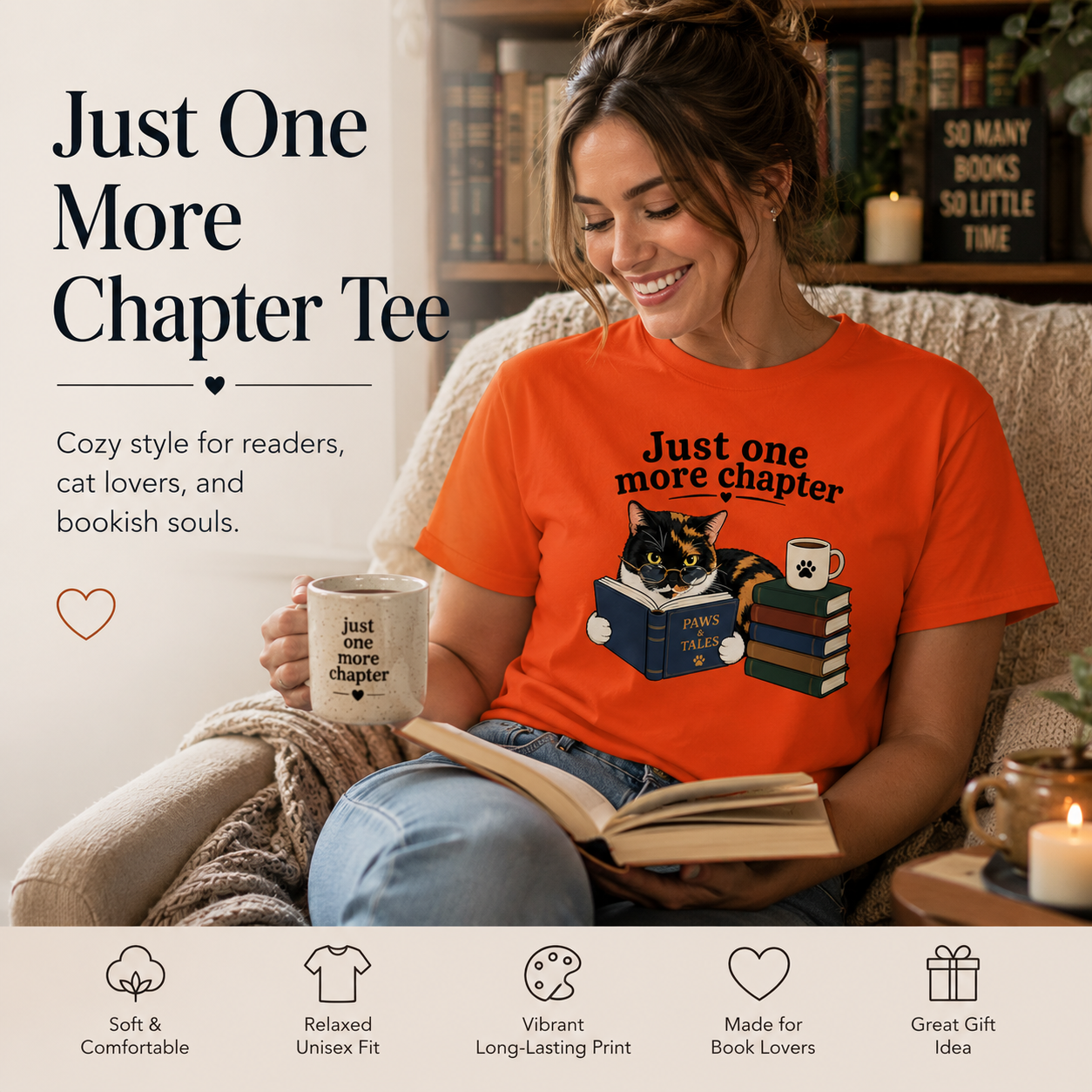Just One More Chapter Shirt, Book Lover Cat Tee, Funny Reader Shirt, Bookworm Gift, Cat Lover Shirt, Reading T-Shirt