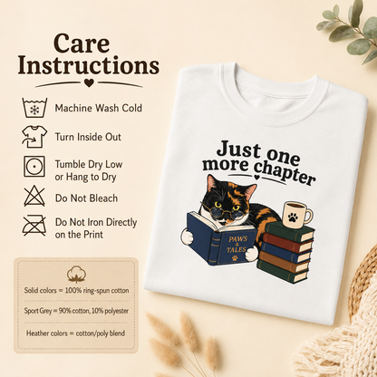 Just One More Chapter Shirt, Book Lover Cat Tee, Funny Reader Shirt, Bookworm Gift, Cat Lover Shirt, Reading T-Shirt