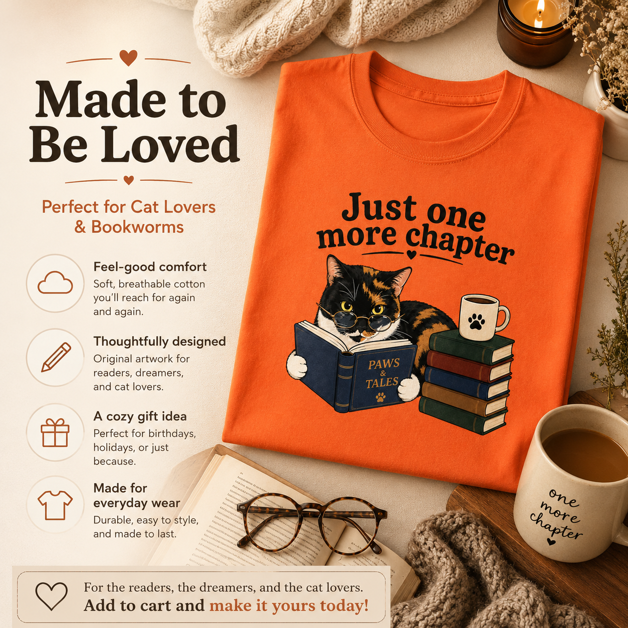 Just One More Chapter Shirt, Book Lover Cat Tee, Funny Reader Shirt, Bookworm Gift, Cat Lover Shirt, Reading T-Shirt