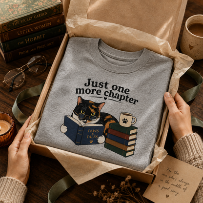 Just One More Chapter Shirt, Book Lover Cat Tee, Funny Reader Shirt, Bookworm Gift, Cat Lover Shirt, Reading T-Shirt