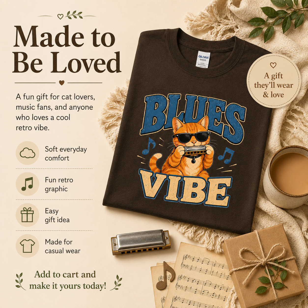 Blues Cat Shirt, Music Lover Tee, Funny Cat T-Shirt, Harmonica Shirt, Retro Cat Tee, Musician Gift, Cat Lover Gift