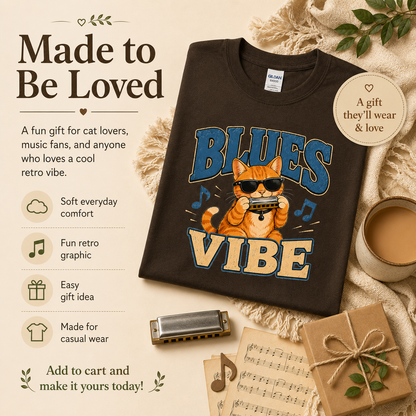 Blues Cat Shirt, Music Lover Tee, Funny Cat T-Shirt, Harmonica Shirt, Retro Cat Tee, Musician Gift, Cat Lover Gift