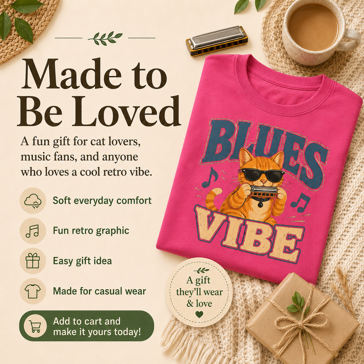 Blues Cat Shirt, Music Lover Tee, Funny Cat T-Shirt, Harmonica Shirt, Retro Music Tee, Cat Lover Gift, Musician Gift
