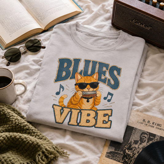 Blues Cat Shirt, Music Lover Tee, Funny Cat T-Shirt, Harmonica Shirt, Retro Music Tee, Cat Lover Gift, Musician Gift