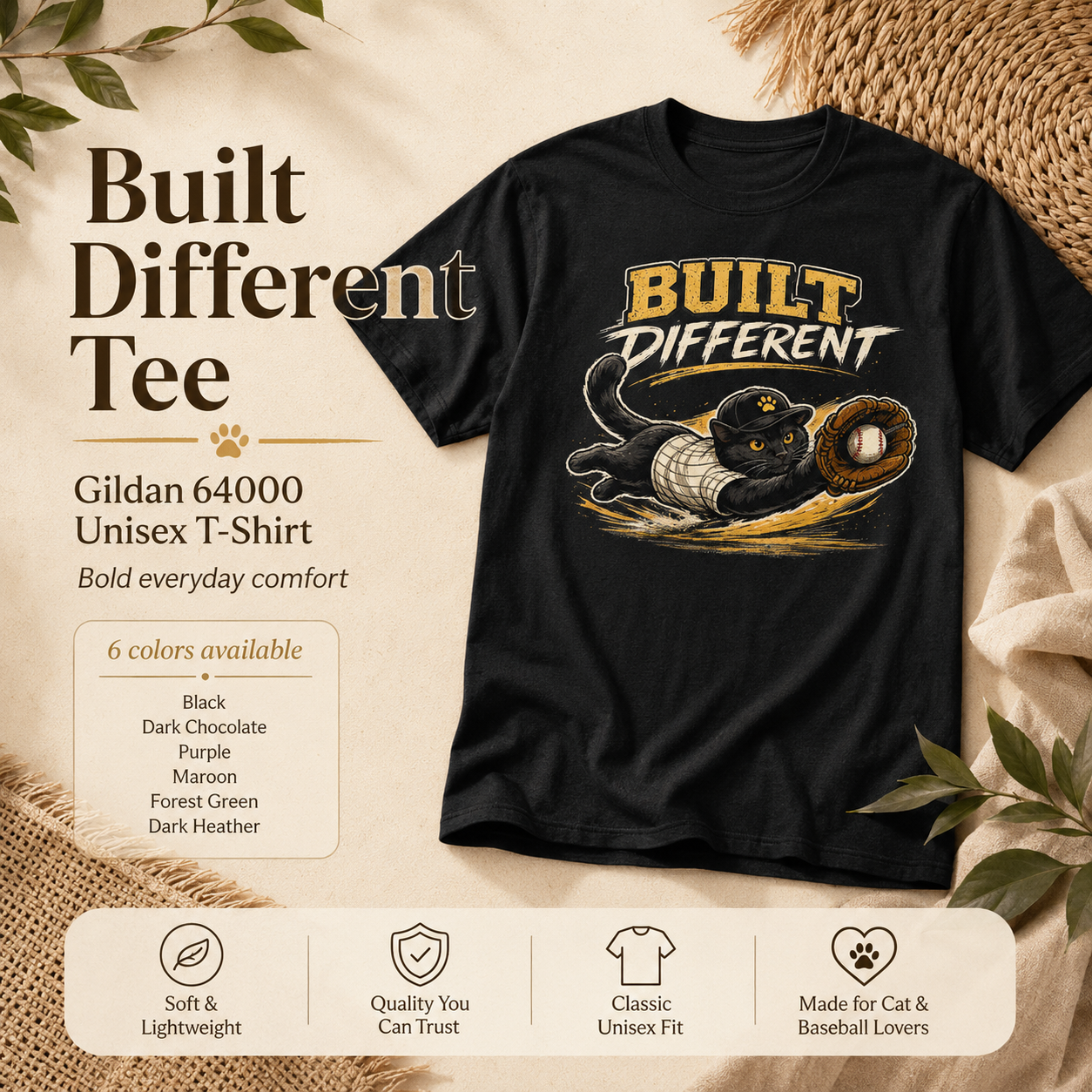 Built Different Cat Shirt, Baseball Cat T-Shirt, Funny Baseball Tee, Cat Lover Gift, Baseball Fan Shirt