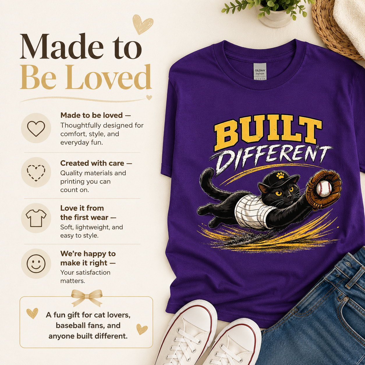 Built Different Cat Shirt, Baseball Cat T-Shirt, Funny Baseball Tee, Cat Lover Gift, Baseball Fan Shirt