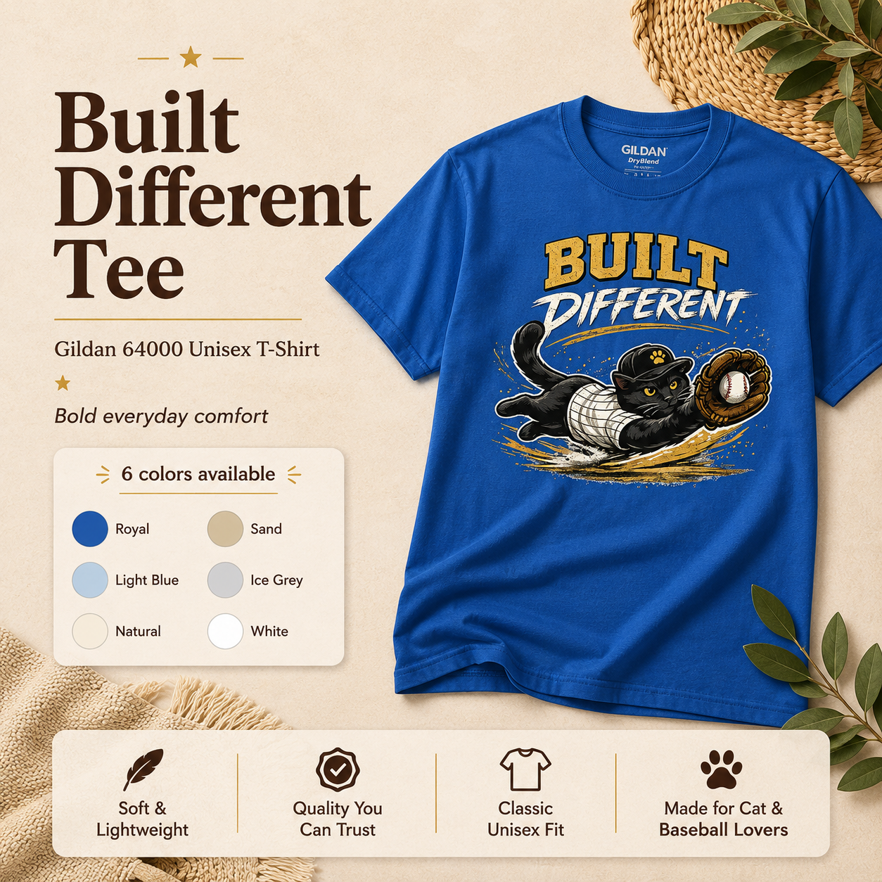 Built Different Baseball Cat Shirt, Funny Cat Baseball Tee, Baseball Lover Gift, Cat Lover T-Shirt, Sports Cat Shirt