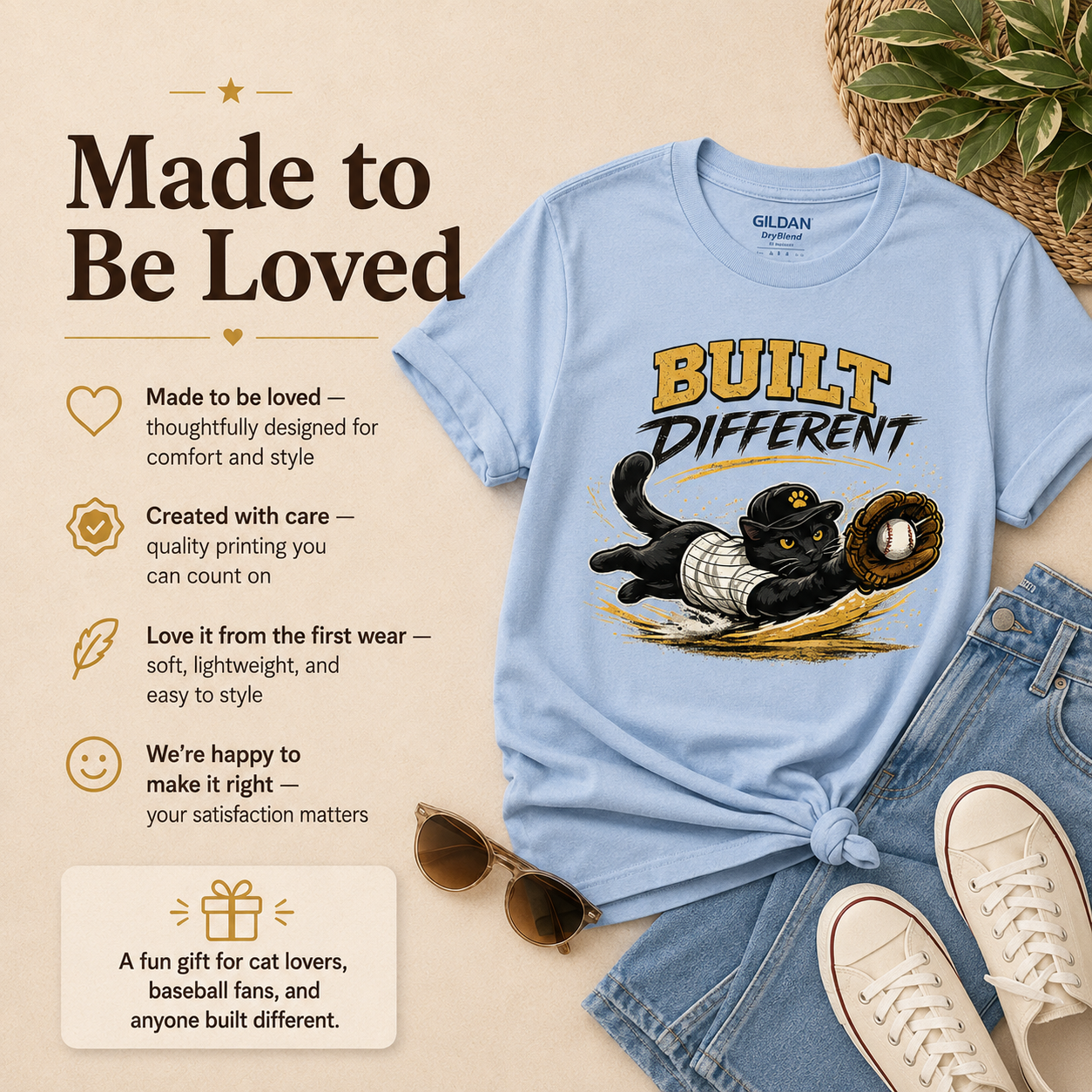 Built Different Baseball Cat Shirt, Funny Cat Baseball Tee, Baseball Lover Gift, Cat Lover T-Shirt, Sports Cat Shirt