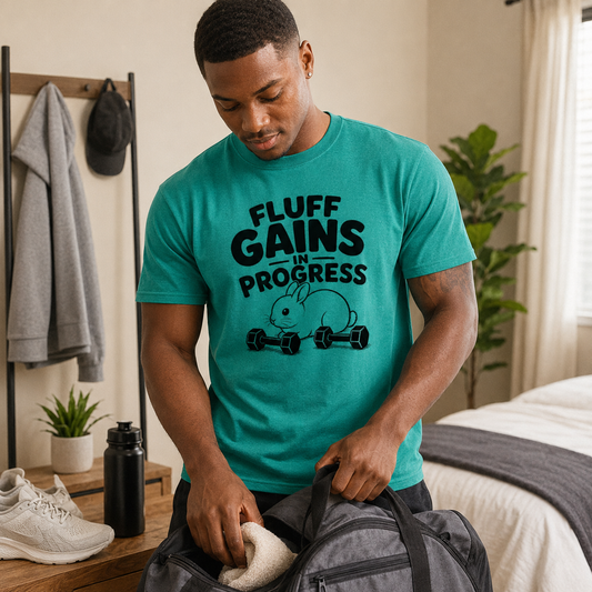 Funny Bunny Shirt, Fluff Gains in Progress Tee, Rabbit Lover Gift, Cute Gym Shirt, Unisex Workout T-Shirt