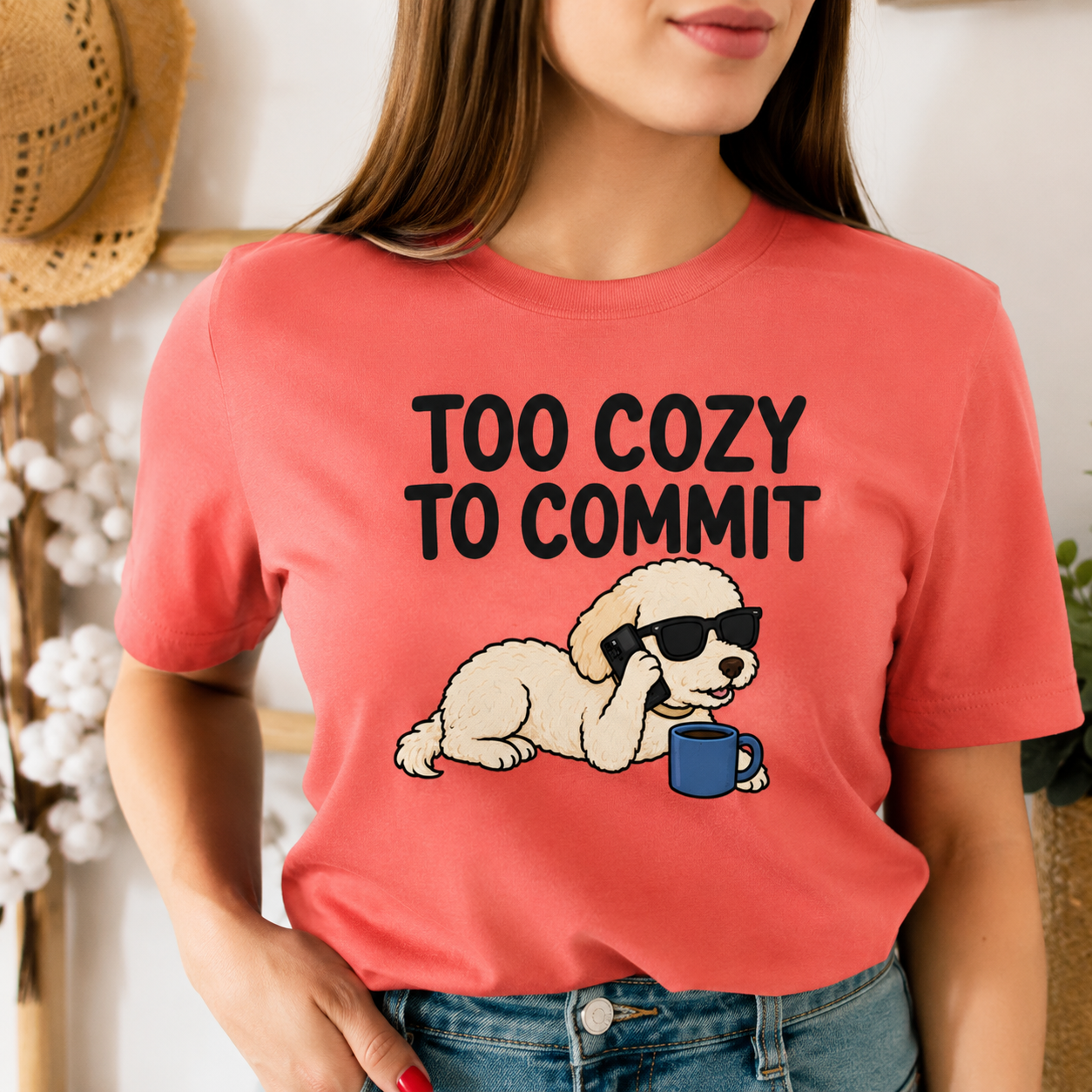 Too Cozy to Commit Dog T-Shirt, Funny Introvert Graphic Tee
