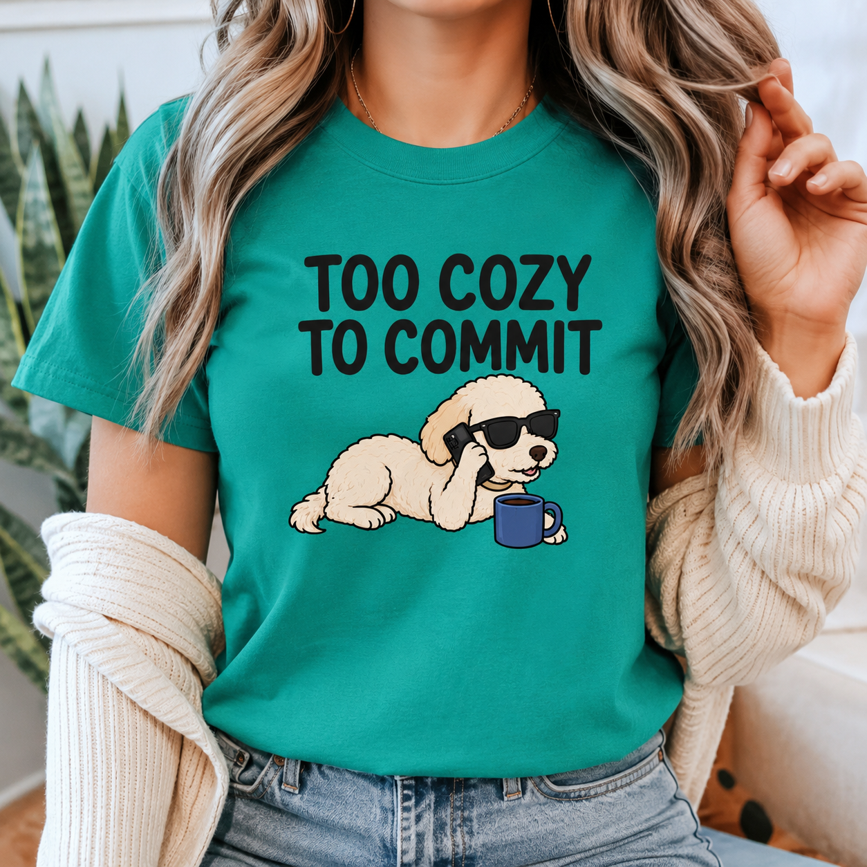 Too Cozy to Commit Dog T-Shirt, Funny Introvert Graphic Tee
