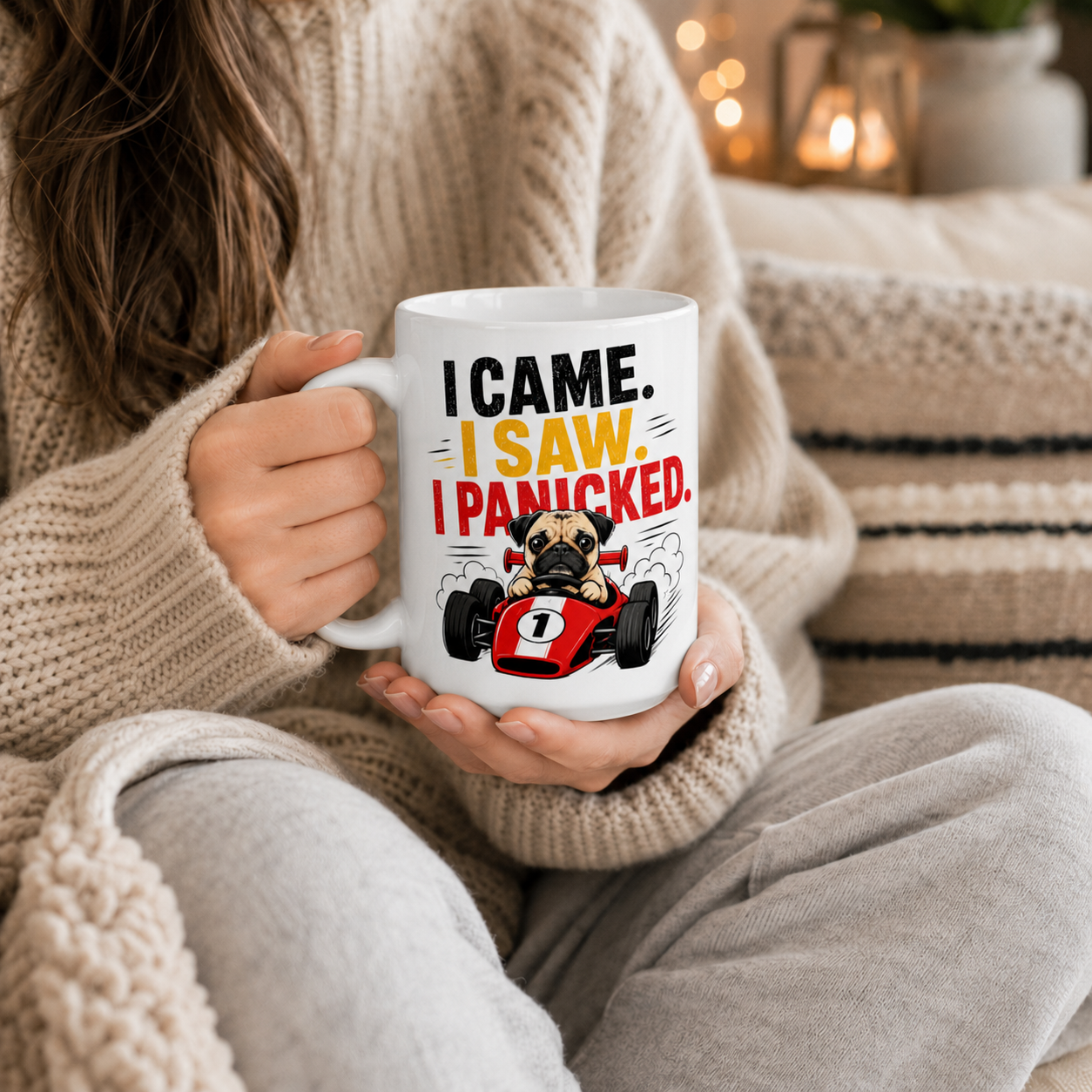 I Came I Saw I Panicked Pug Mug, Funny Racing Dog Coffee Cup