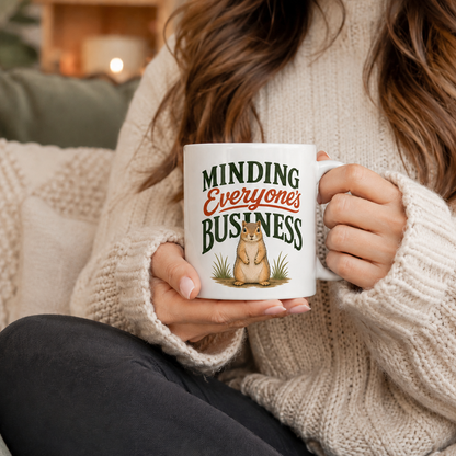 Minding Everyone’s Business Squirrel Mug, Funny Animal Coffee Cup