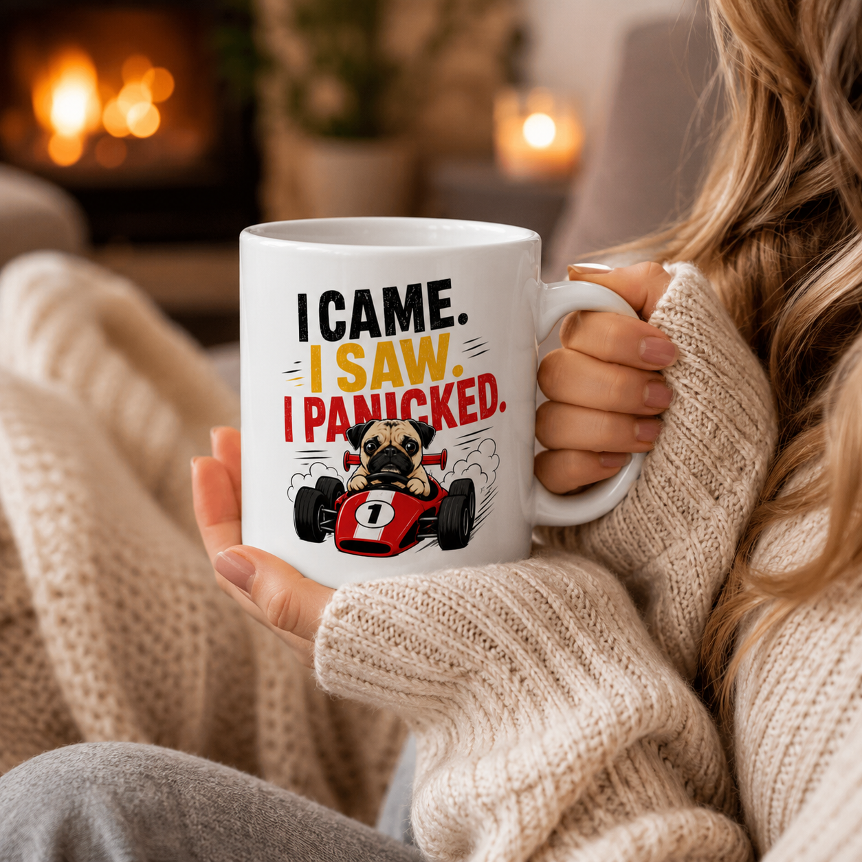 I Came I Saw I Panicked Pug Mug, Funny Racing Dog Coffee Cup