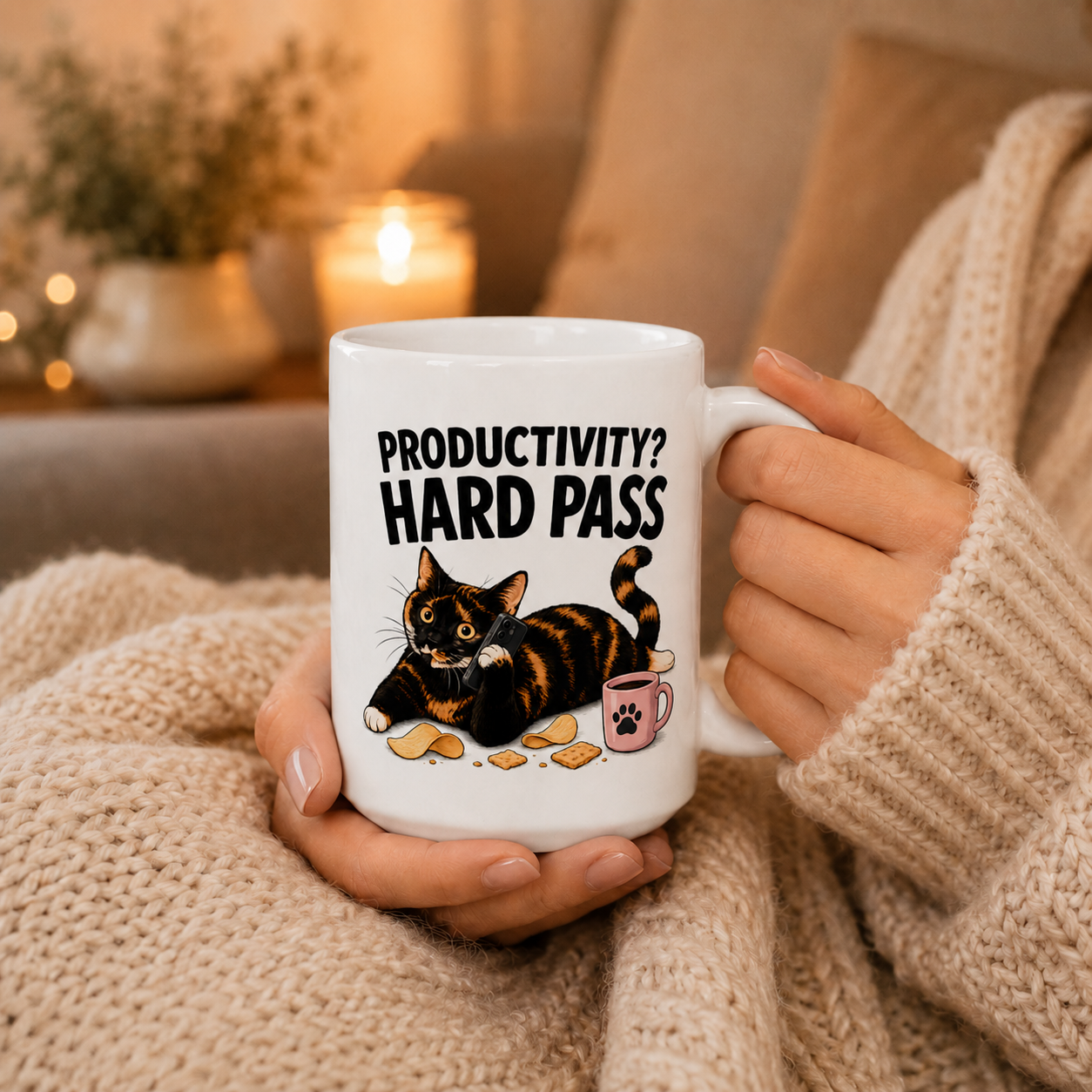 Productivity Hard Pass Cat Mug, Funny Tortoiseshell Coffee Cup