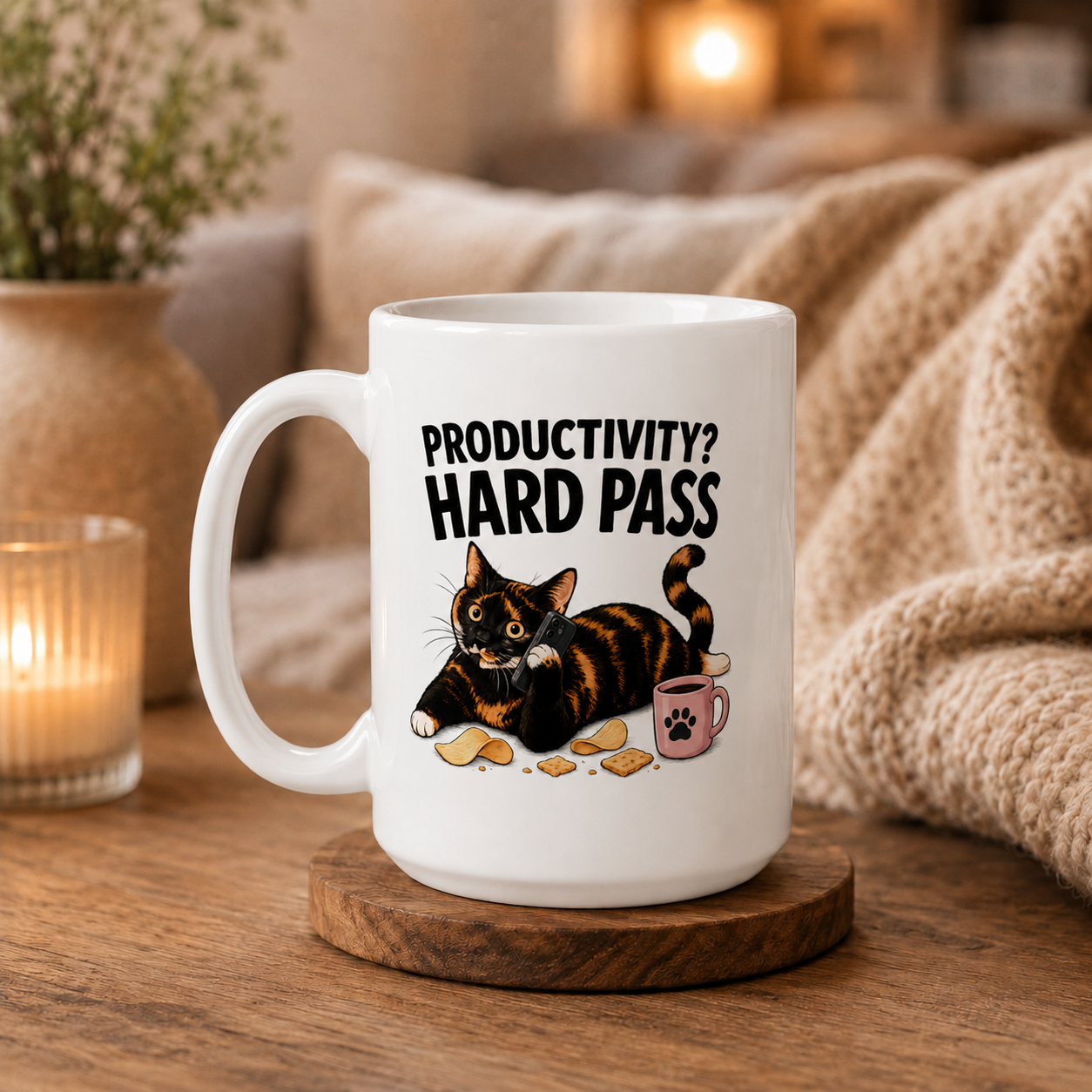 Productivity Hard Pass Cat Mug, Funny Tortoiseshell Coffee Cup