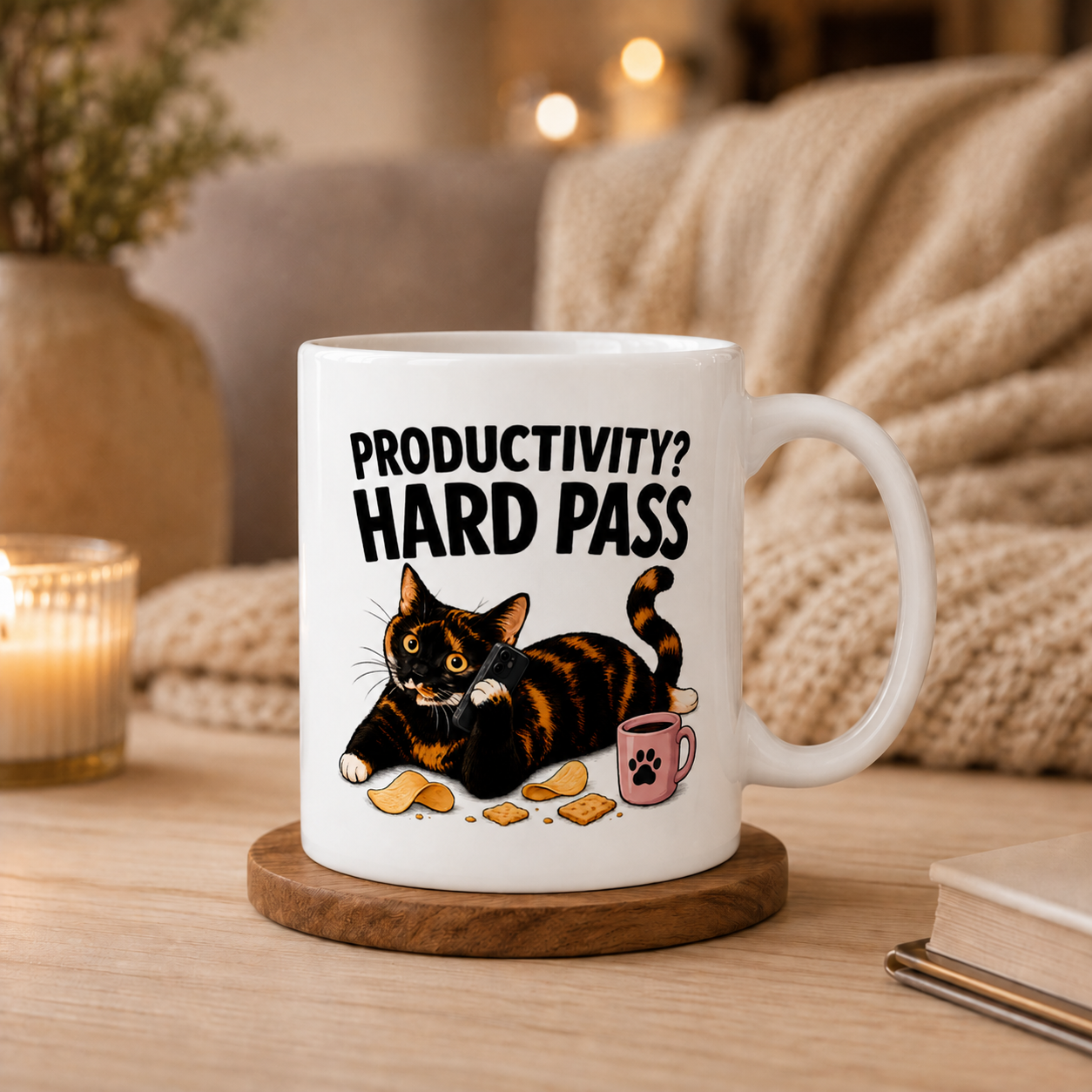 Productivity Hard Pass Cat Mug, Funny Tortoiseshell Coffee Cup