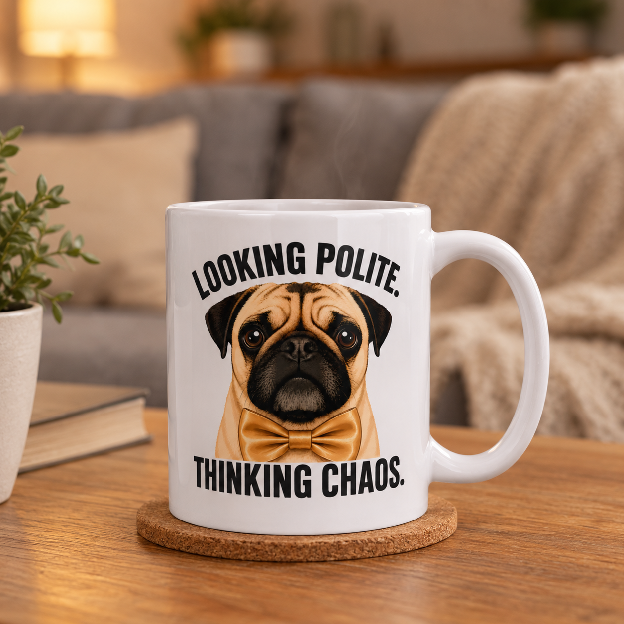 Looking Polite Thinking Chaos Pug Mug, Funny Dog Coffee Cup