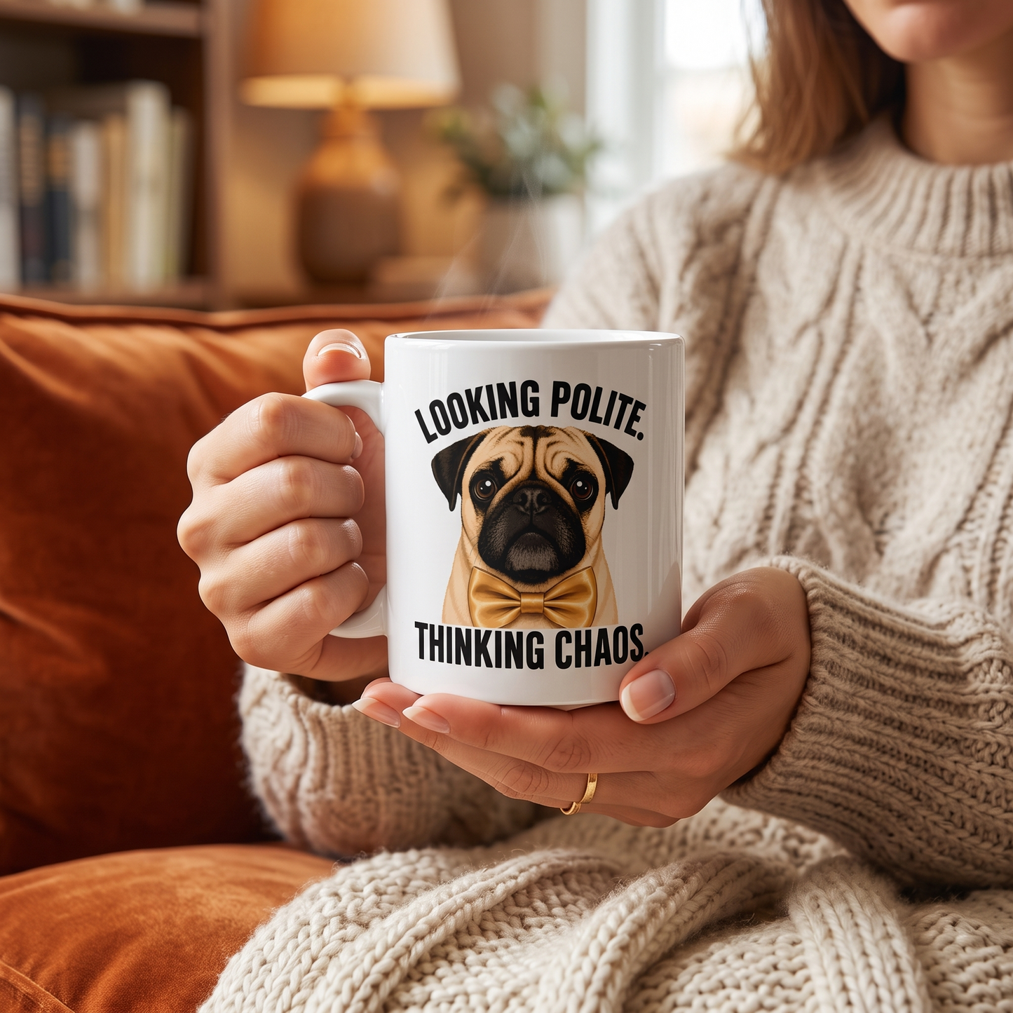 Looking Polite Thinking Chaos Pug Mug, Funny Dog Coffee Cup