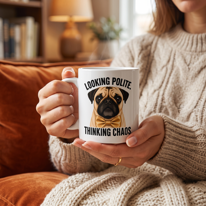 Looking Polite Thinking Chaos Pug Mug, Funny Dog Coffee Cup