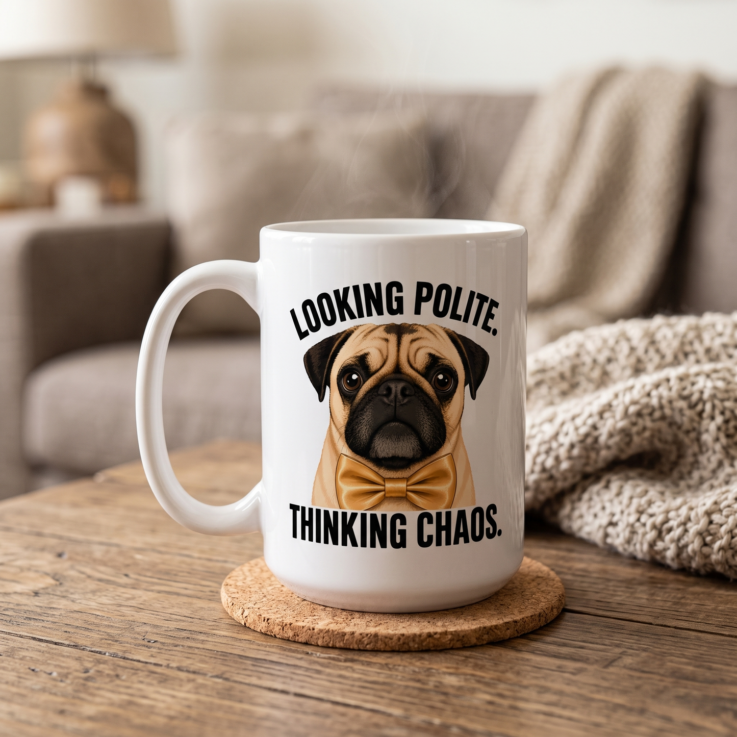Looking Polite Thinking Chaos Pug Mug, Funny Dog Coffee Cup