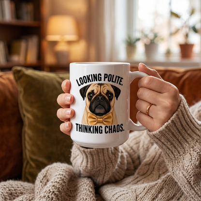 Looking Polite Thinking Chaos Pug Mug, Funny Dog Coffee Cup