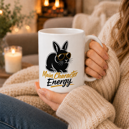 Main Character Energy Bunny Mug, Funny Black Rabbit Coffee Cup