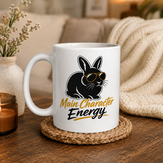 Main Character Energy Bunny Mug, Funny Black Rabbit Coffee Cup