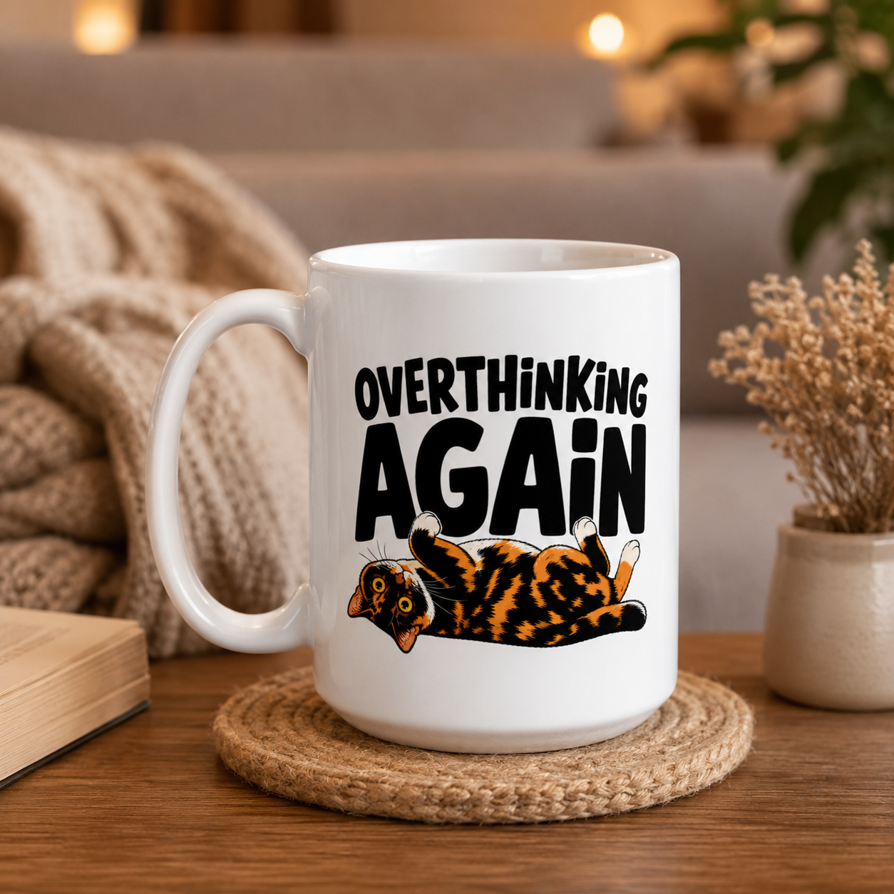 Overthinking Again Cat Mug, Funny Tortoiseshell Coffee Cup