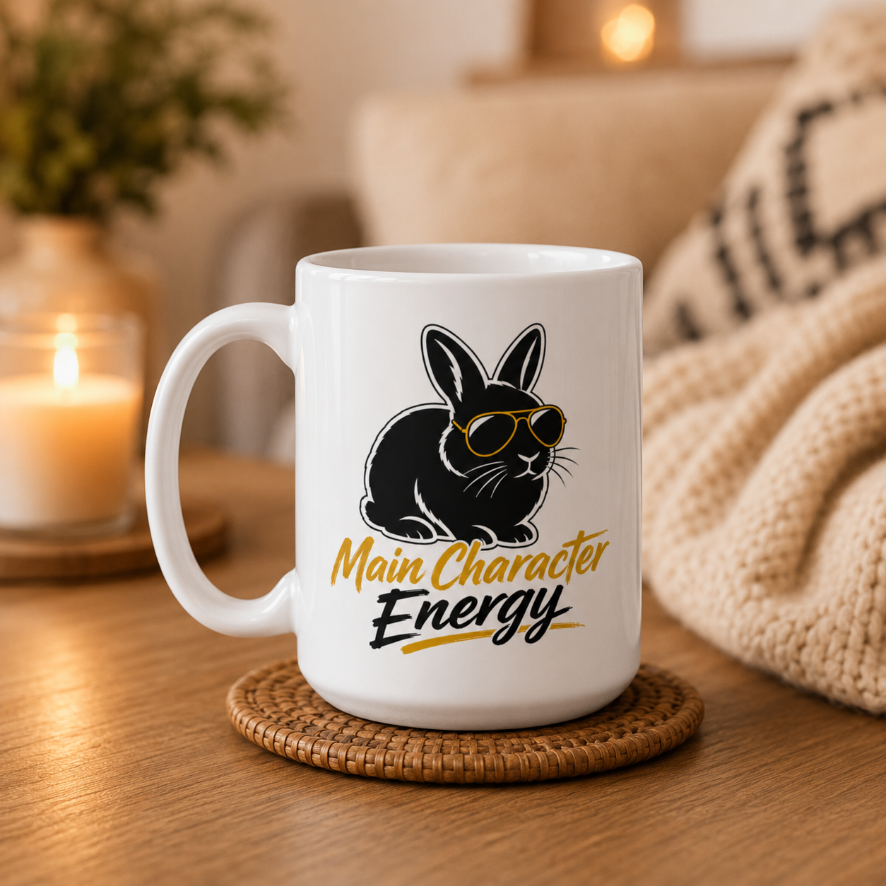 Main Character Energy Bunny Mug, Funny Black Rabbit Coffee Cup