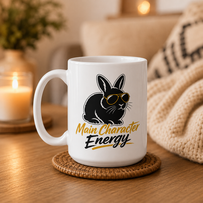 Main Character Energy Bunny Mug, Funny Black Rabbit Coffee Cup