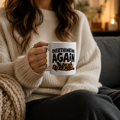 Overthinking Again Cat Mug, Funny Tortoiseshell Coffee Cup