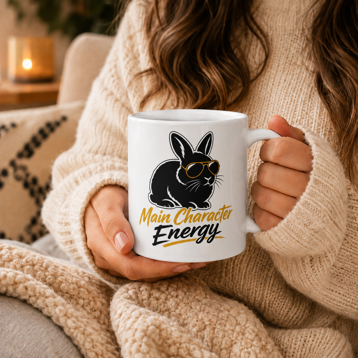 Main Character Energy Bunny Mug, Funny Black Rabbit Coffee Cup