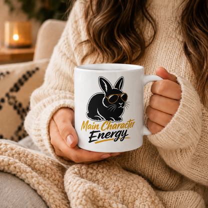 Main Character Energy Bunny Mug, Funny Black Rabbit Coffee Cup