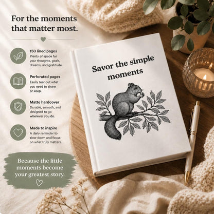 Savor Simple Moments Journal, Hardcover Gratitude Notebook, Squirrel Illustration