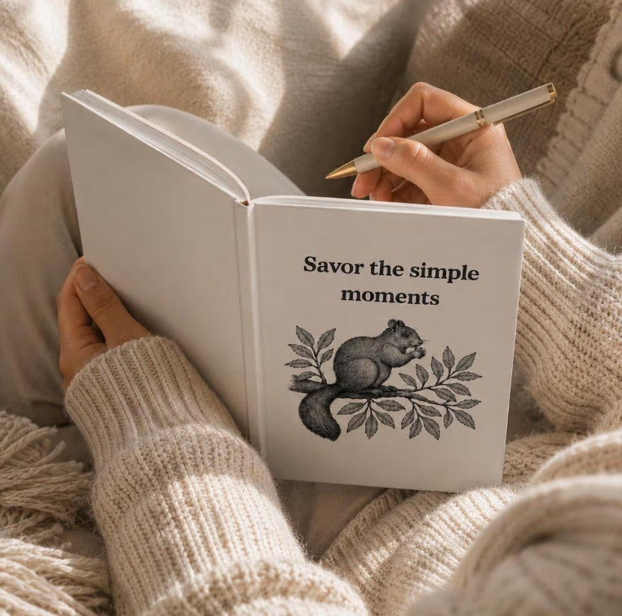 Savor Simple Moments Journal, Hardcover Gratitude Notebook, Squirrel Illustration