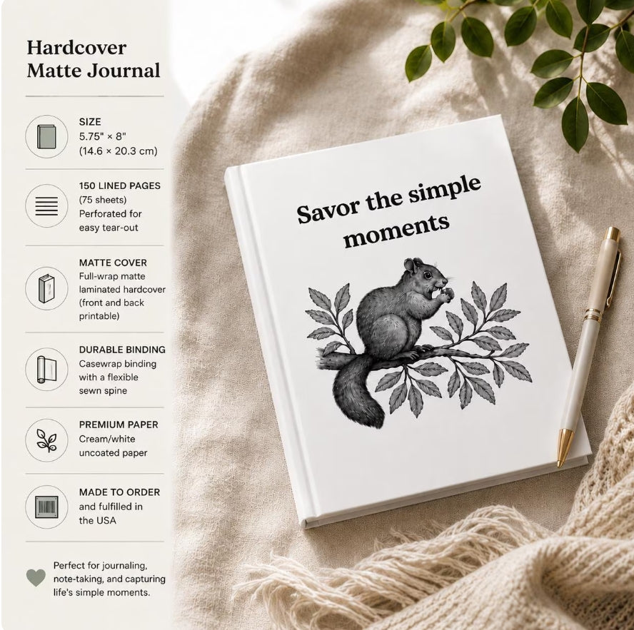 Savor Simple Moments Journal, Hardcover Gratitude Notebook, Squirrel Illustration